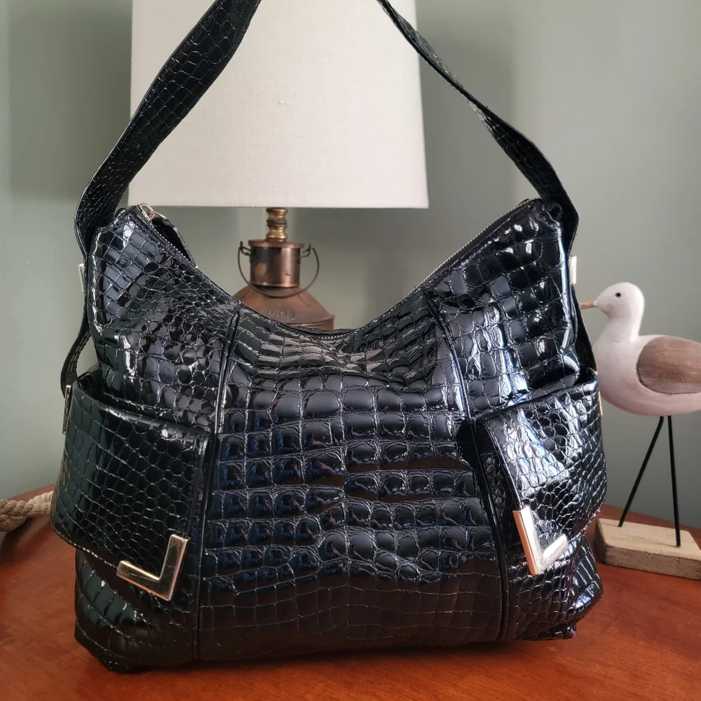 MICHAEL Michael Kors Croc Embossed Black Patent Leather Hobo Bag Y2K